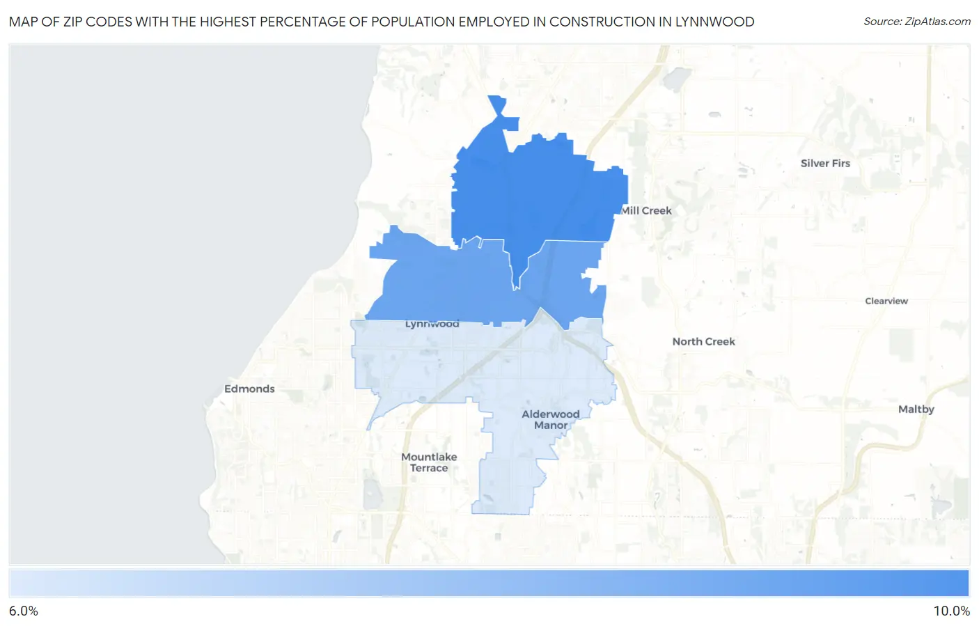Zip Codes with the Highest Percentage of Population Employed in Construction in Lynnwood Map
