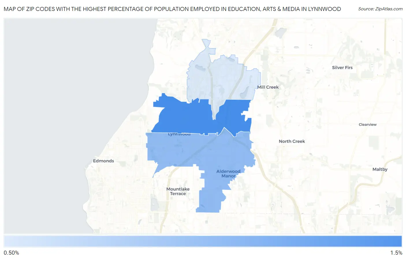 Zip Codes with the Highest Percentage of Population Employed in Education, Arts & Media in Lynnwood Map