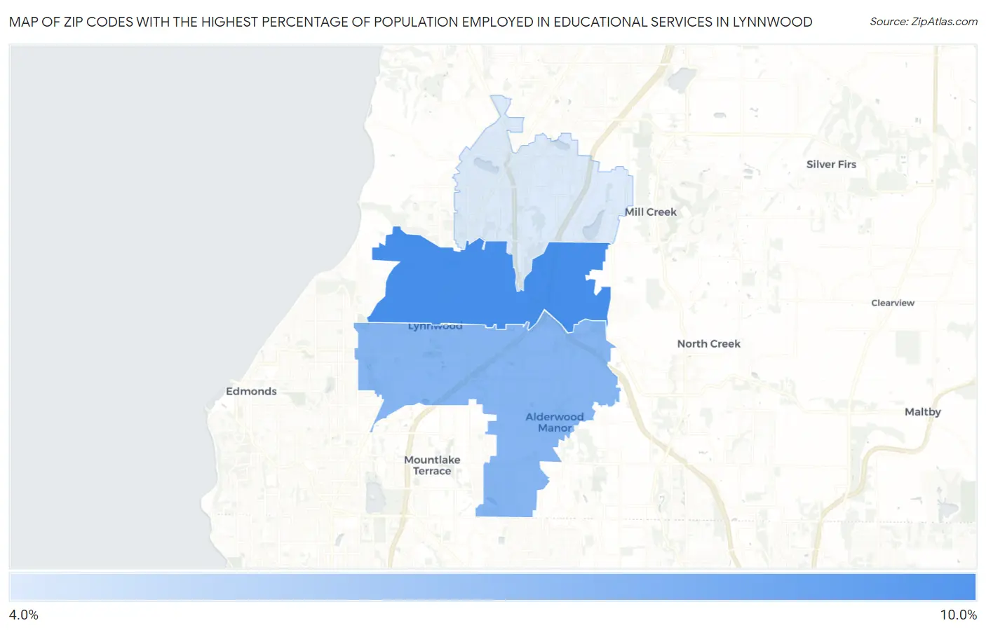 Zip Codes with the Highest Percentage of Population Employed in Educational Services in Lynnwood Map