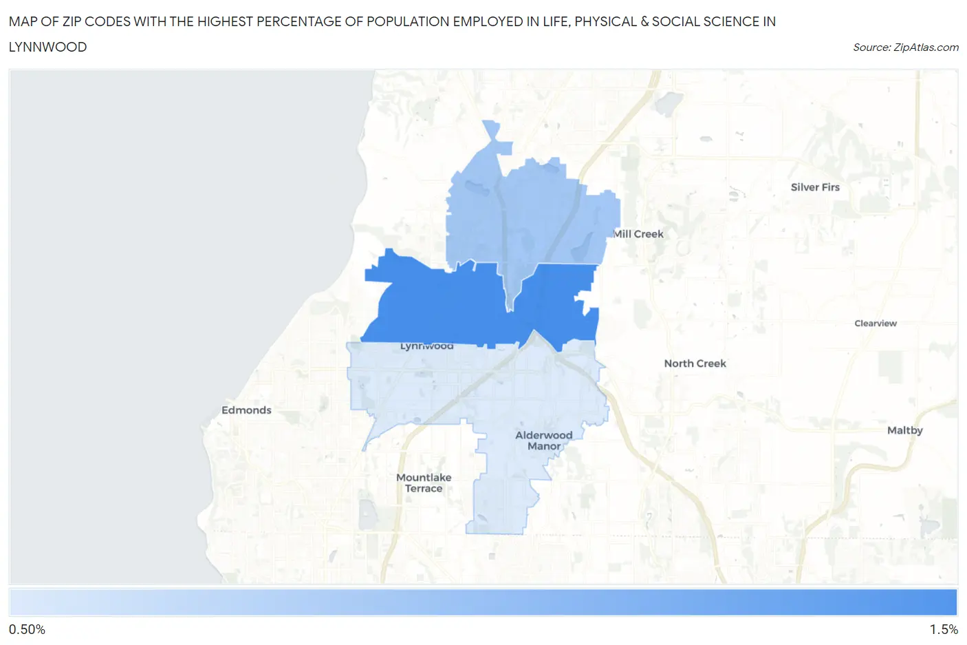 Zip Codes with the Highest Percentage of Population Employed in Life, Physical & Social Science in Lynnwood Map