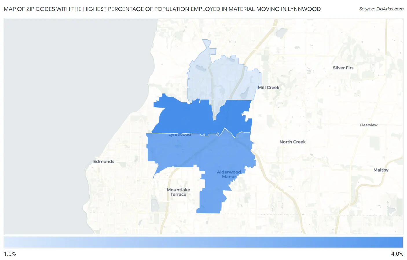 Zip Codes with the Highest Percentage of Population Employed in Material Moving in Lynnwood Map