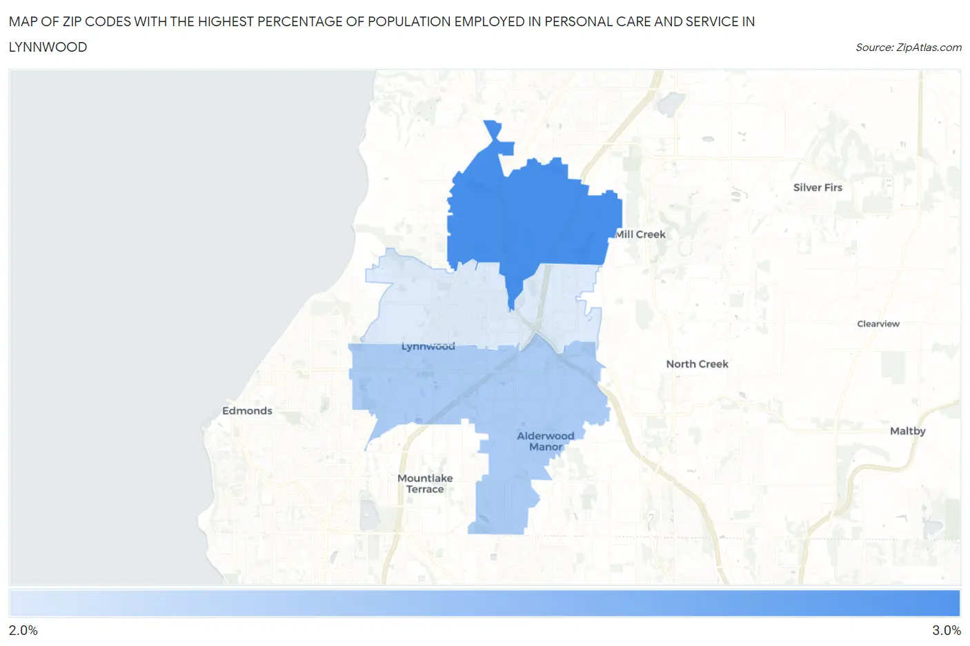 Zip Codes with the Highest Percentage of Population Employed in Personal Care and Service in Lynnwood Map