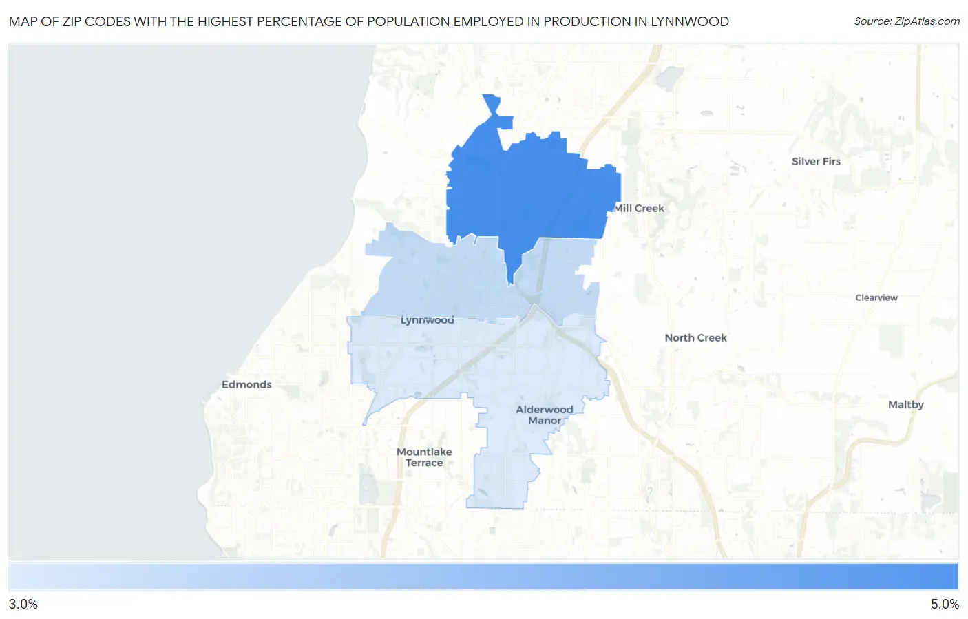 Zip Codes with the Highest Percentage of Population Employed in Production in Lynnwood Map