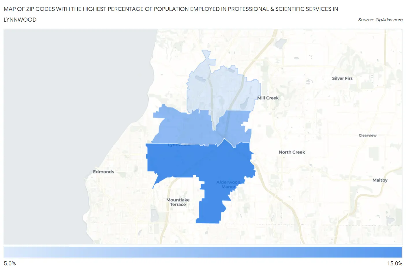 Zip Codes with the Highest Percentage of Population Employed in Professional & Scientific Services in Lynnwood Map