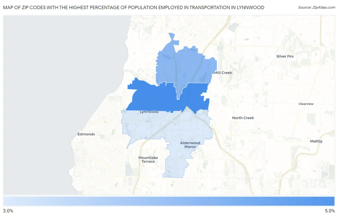 Zip Codes with the Highest Percentage of Population Employed in Transportation in Lynnwood Map