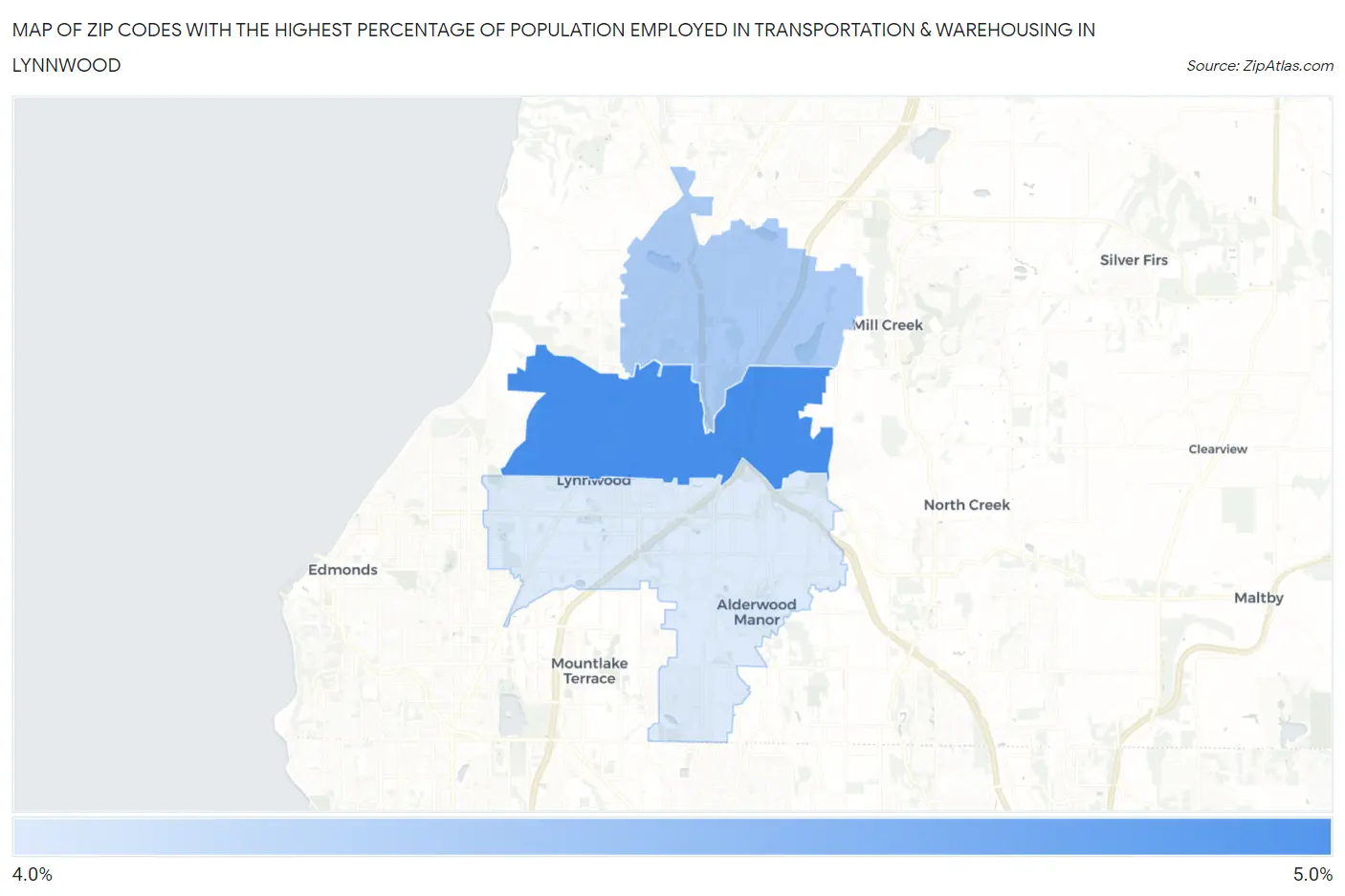 Zip Codes with the Highest Percentage of Population Employed in Transportation & Warehousing in Lynnwood Map