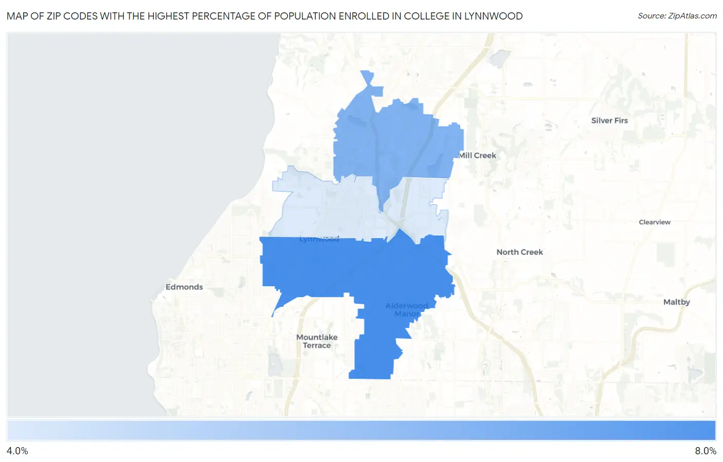 Zip Codes with the Highest Percentage of Population Enrolled in College in Lynnwood Map