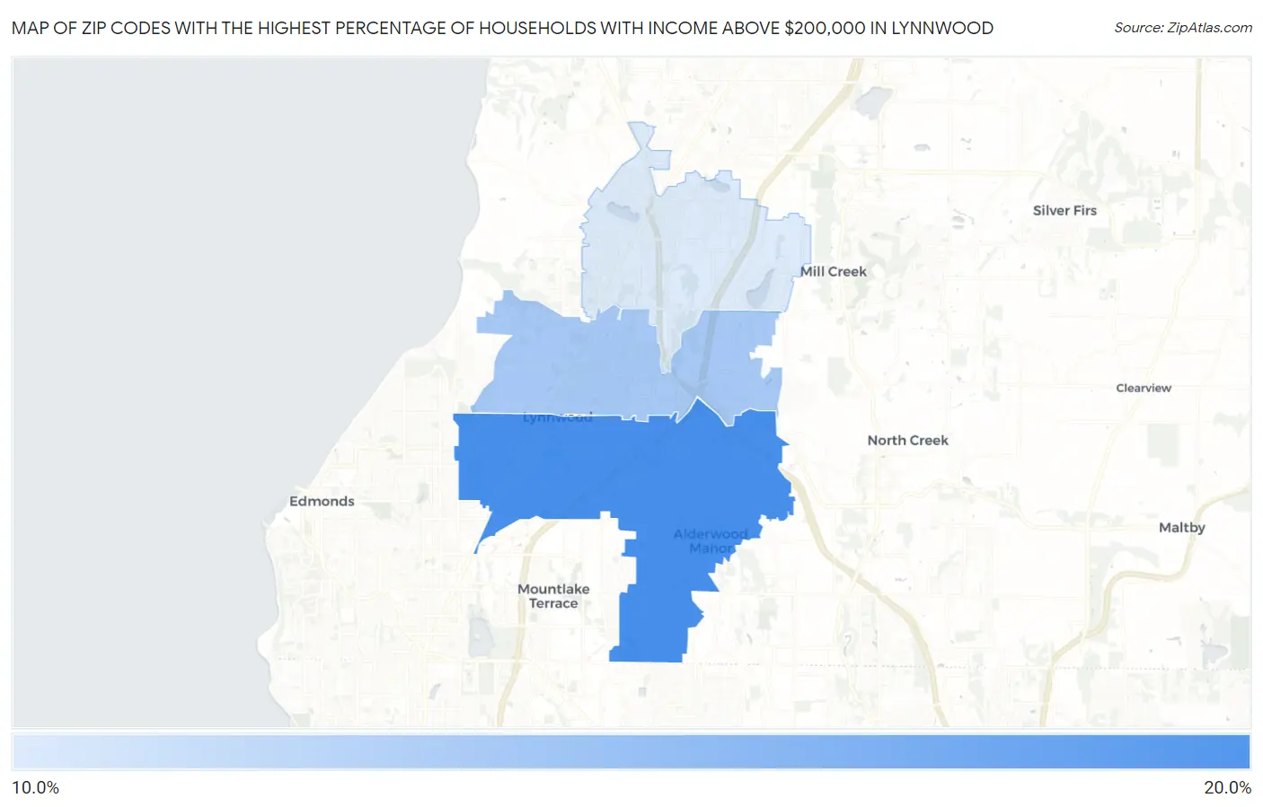 Zip Codes with the Highest Percentage of Households with Income Above $200,000 in Lynnwood Map