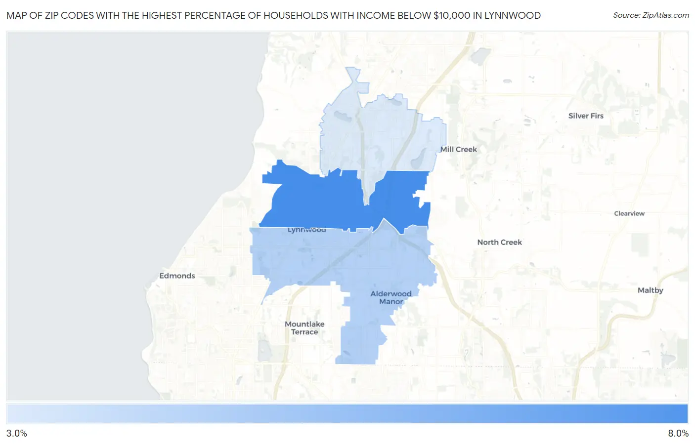 Zip Codes with the Highest Percentage of Households with Income Below $10,000 in Lynnwood Map