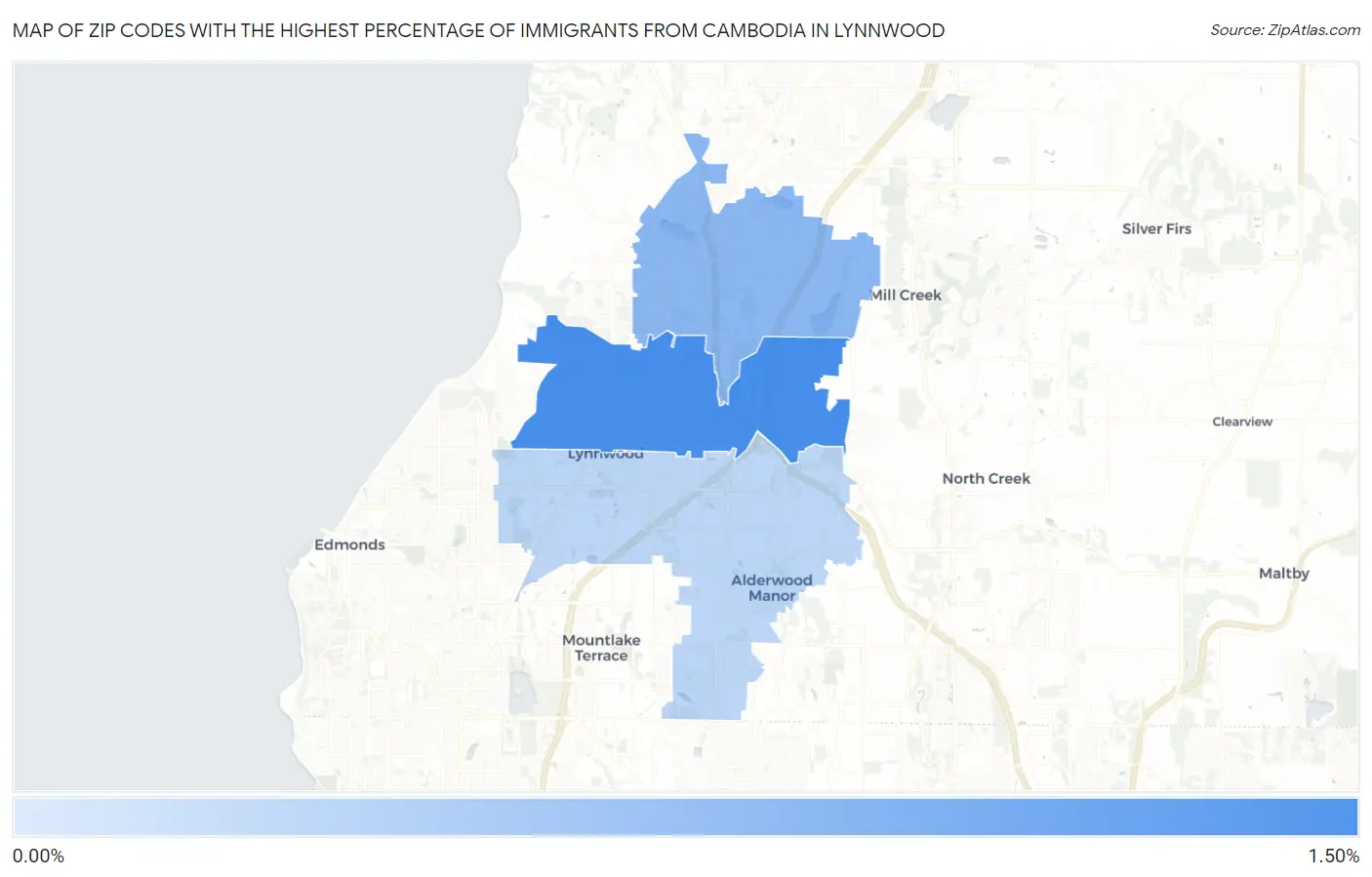 Zip Codes with the Highest Percentage of Immigrants from Cambodia in Lynnwood Map