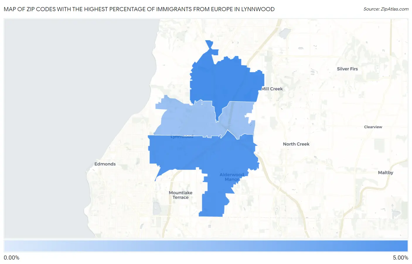 Zip Codes with the Highest Percentage of Immigrants from Europe in Lynnwood Map