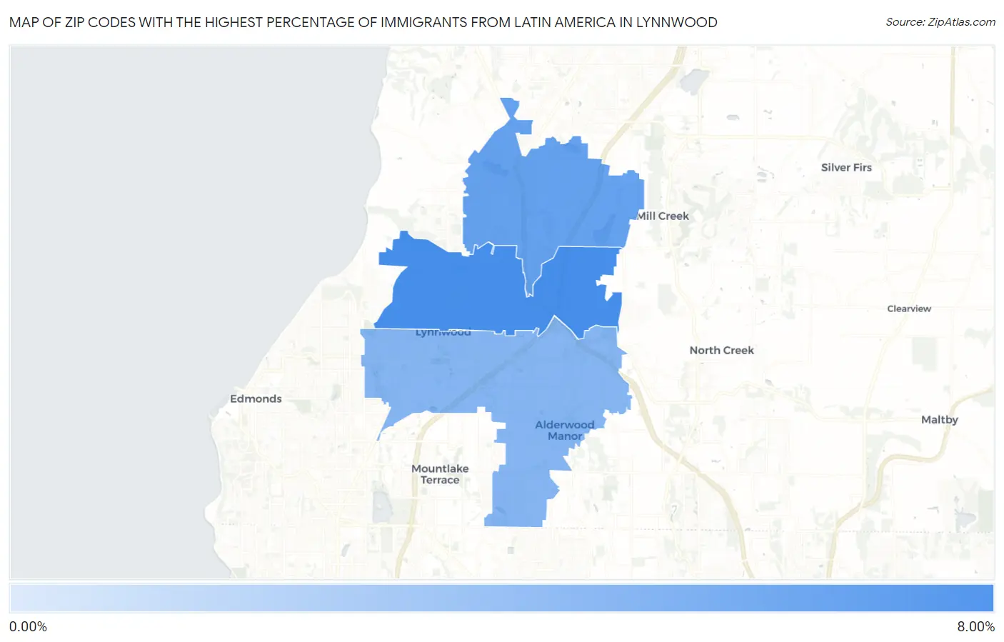 Zip Codes with the Highest Percentage of Immigrants from Latin America in Lynnwood Map