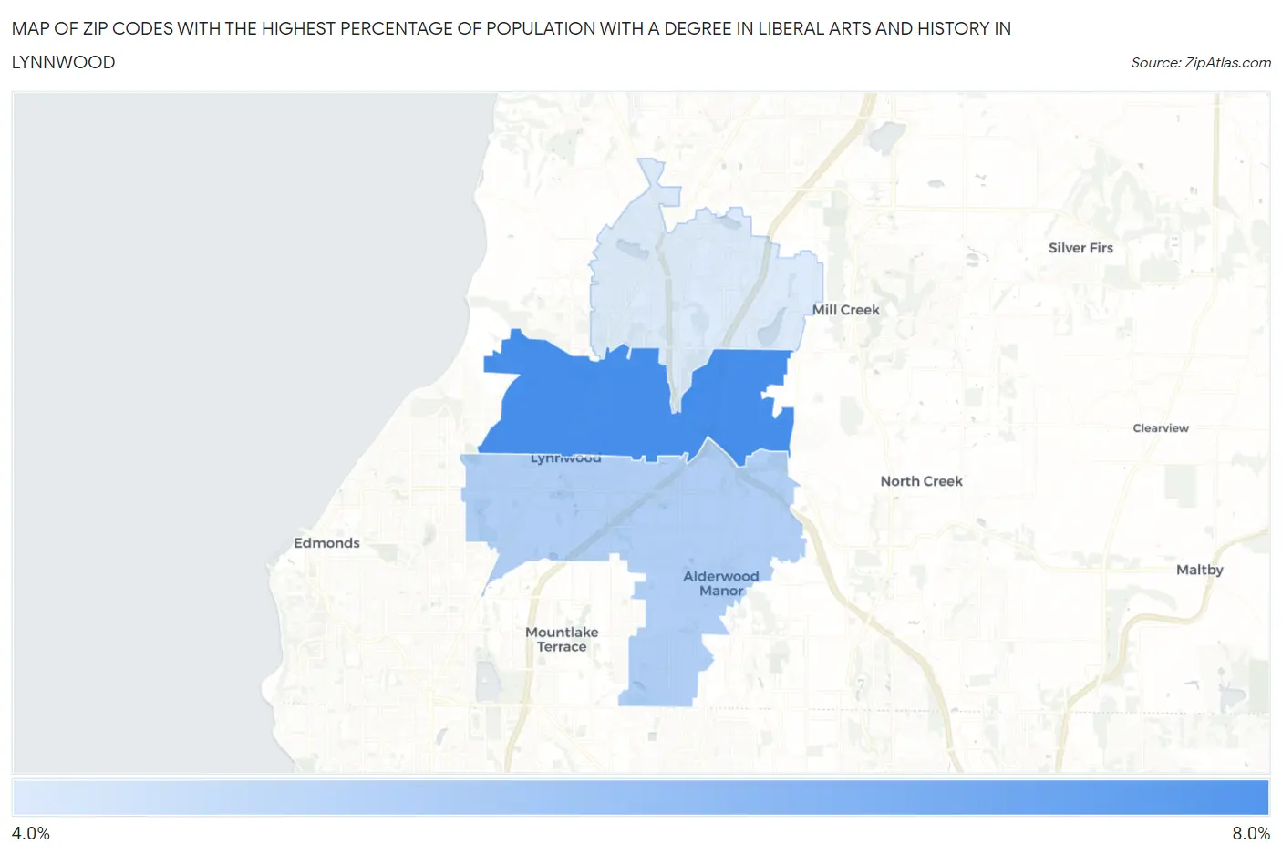 Zip Codes with the Highest Percentage of Population with a Degree in Liberal Arts and History in Lynnwood Map
