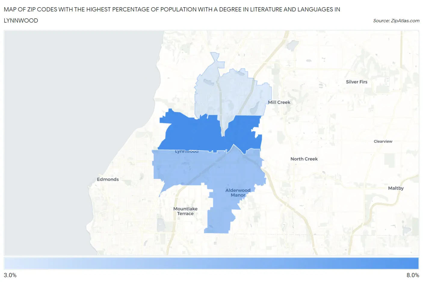 Zip Codes with the Highest Percentage of Population with a Degree in Literature and Languages in Lynnwood Map