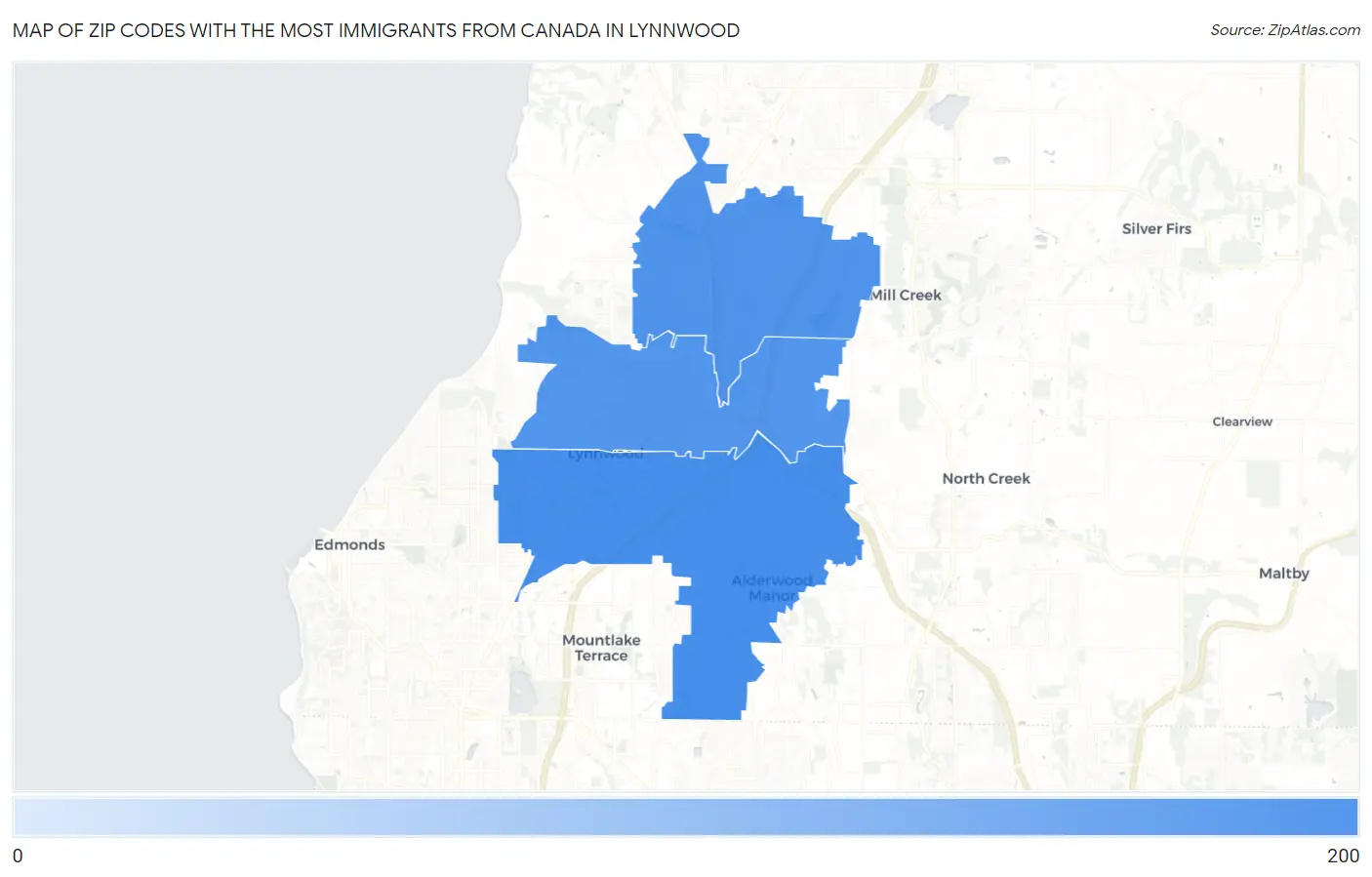 Zip Codes with the Most Immigrants from Canada in Lynnwood Map