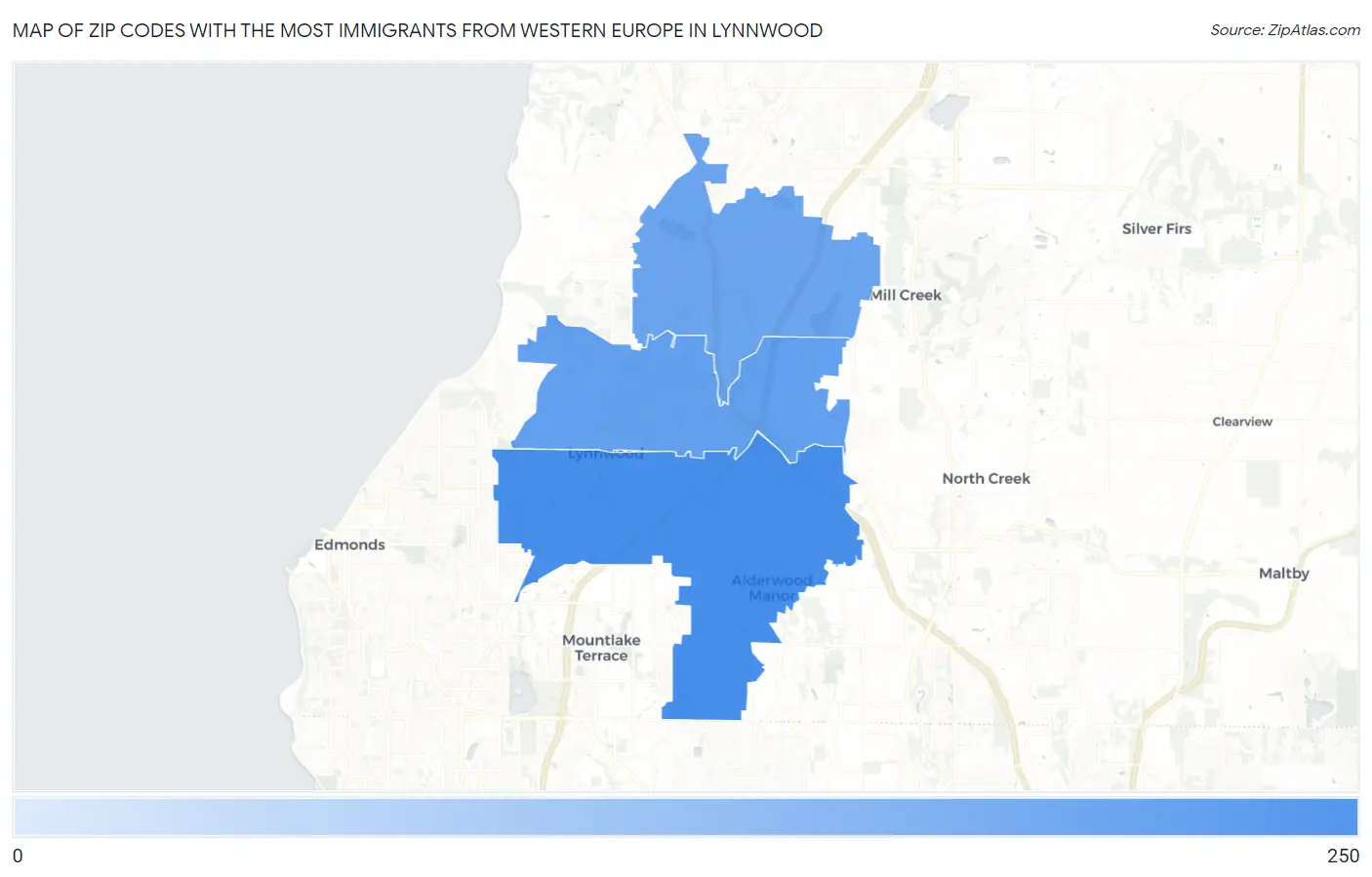 Zip Codes with the Most Immigrants from Western Europe in Lynnwood Map