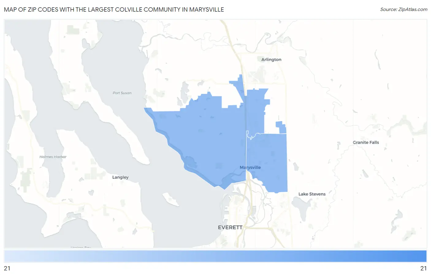 Zip Codes with the Largest Colville Community in Marysville Map