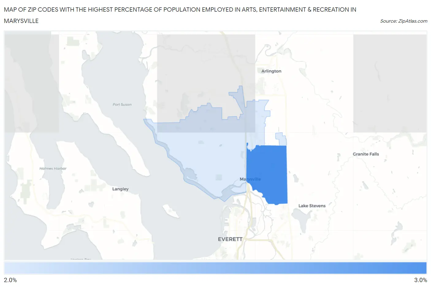 Zip Codes with the Highest Percentage of Population Employed in Arts, Entertainment & Recreation in Marysville Map