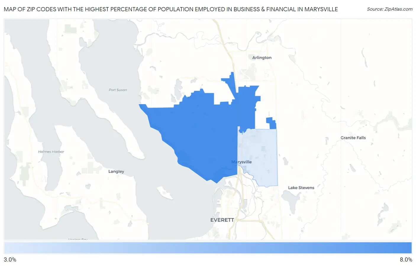 Zip Codes with the Highest Percentage of Population Employed in Business & Financial in Marysville Map