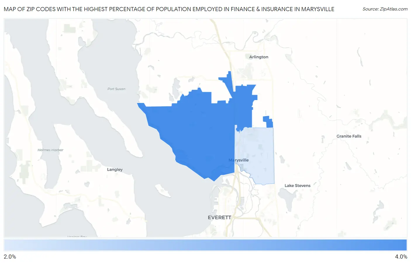 Zip Codes with the Highest Percentage of Population Employed in Finance & Insurance in Marysville Map