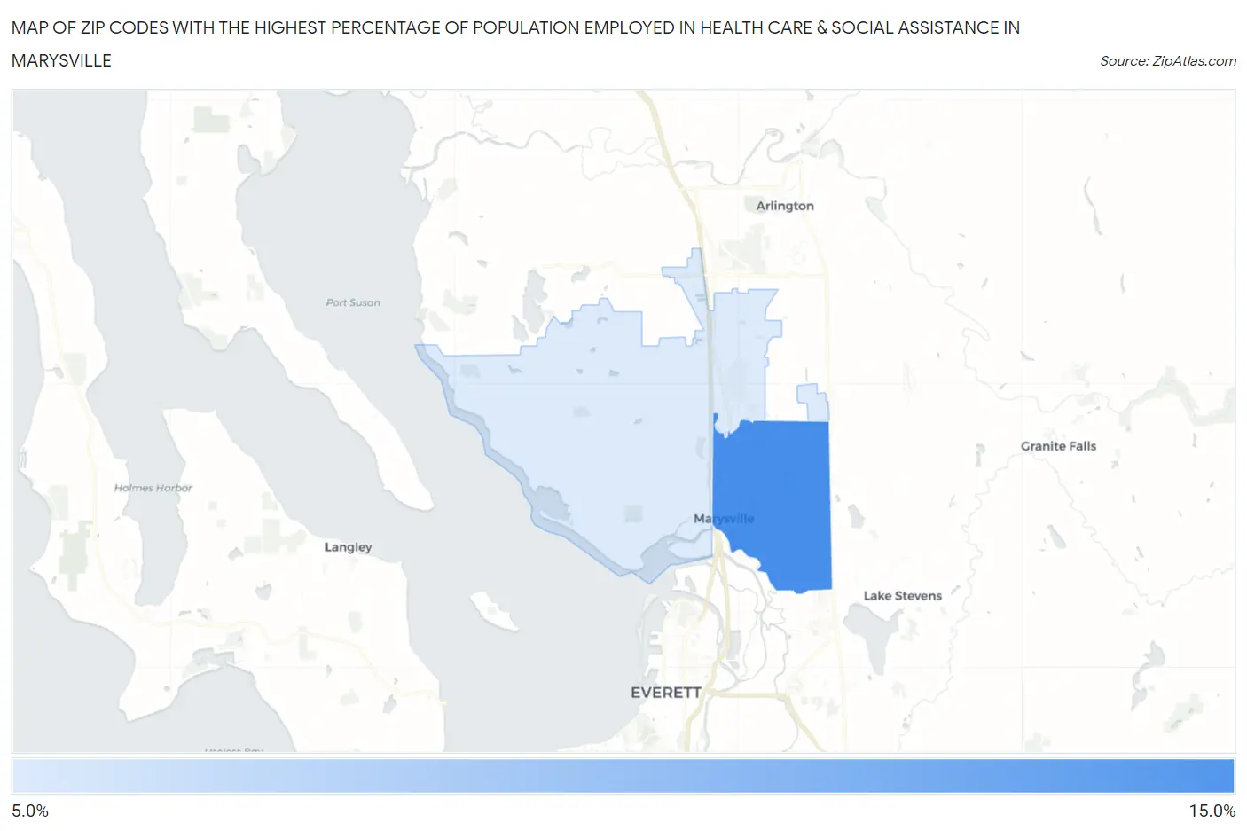 Zip Codes with the Highest Percentage of Population Employed in Health Care & Social Assistance in Marysville Map