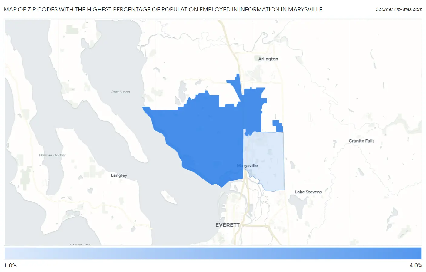 Zip Codes with the Highest Percentage of Population Employed in Information in Marysville Map