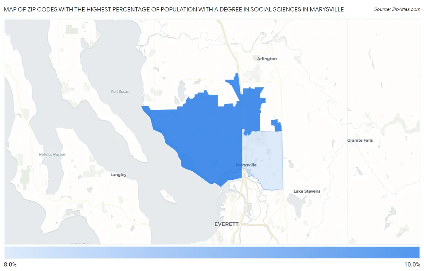 Zip Codes with the Highest Percentage of Population with a Degree in Social Sciences in Marysville Map