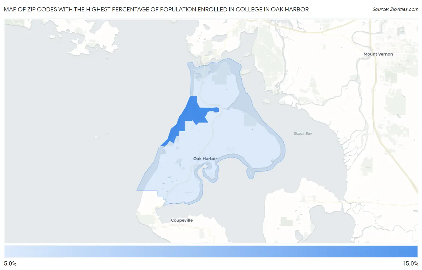 Zip Codes with the Highest Percentage of Population Enrolled in College in Oak Harbor Map