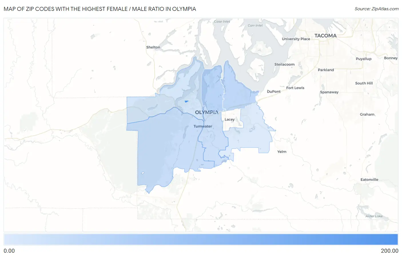 Zip Codes with the Highest Female / Male Ratio in Olympia Map