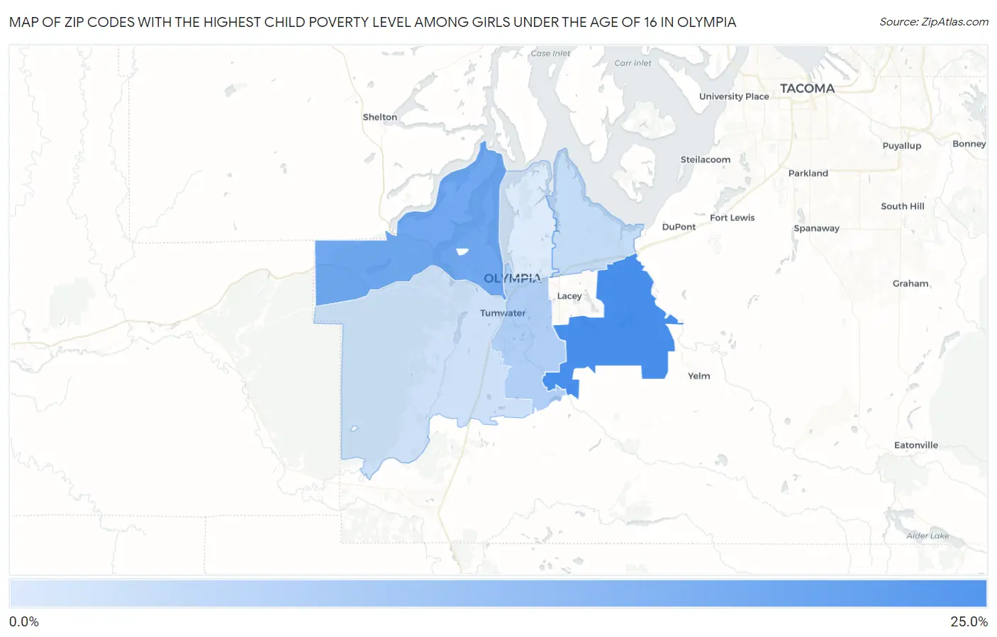 Zip Codes with the Highest Child Poverty Level Among Girls Under the Age of 16 in Olympia Map