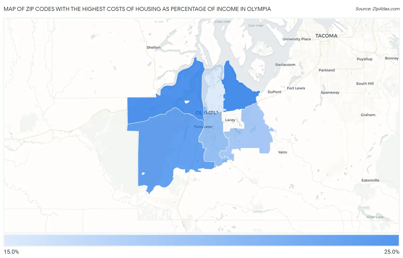 Zip Codes with the Highest Costs of Housing as Percentage of Income in Olympia Map