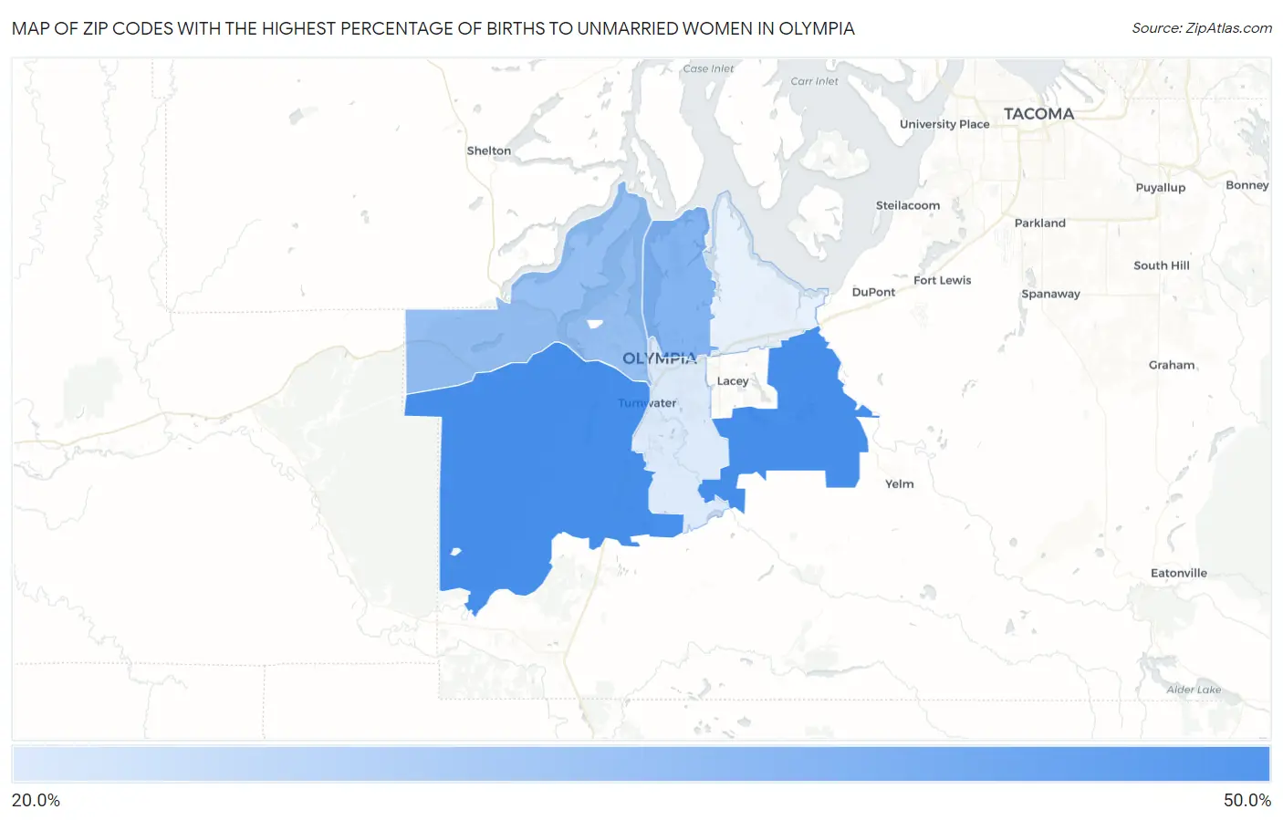 Zip Codes with the Highest Percentage of Births to Unmarried Women in Olympia Map