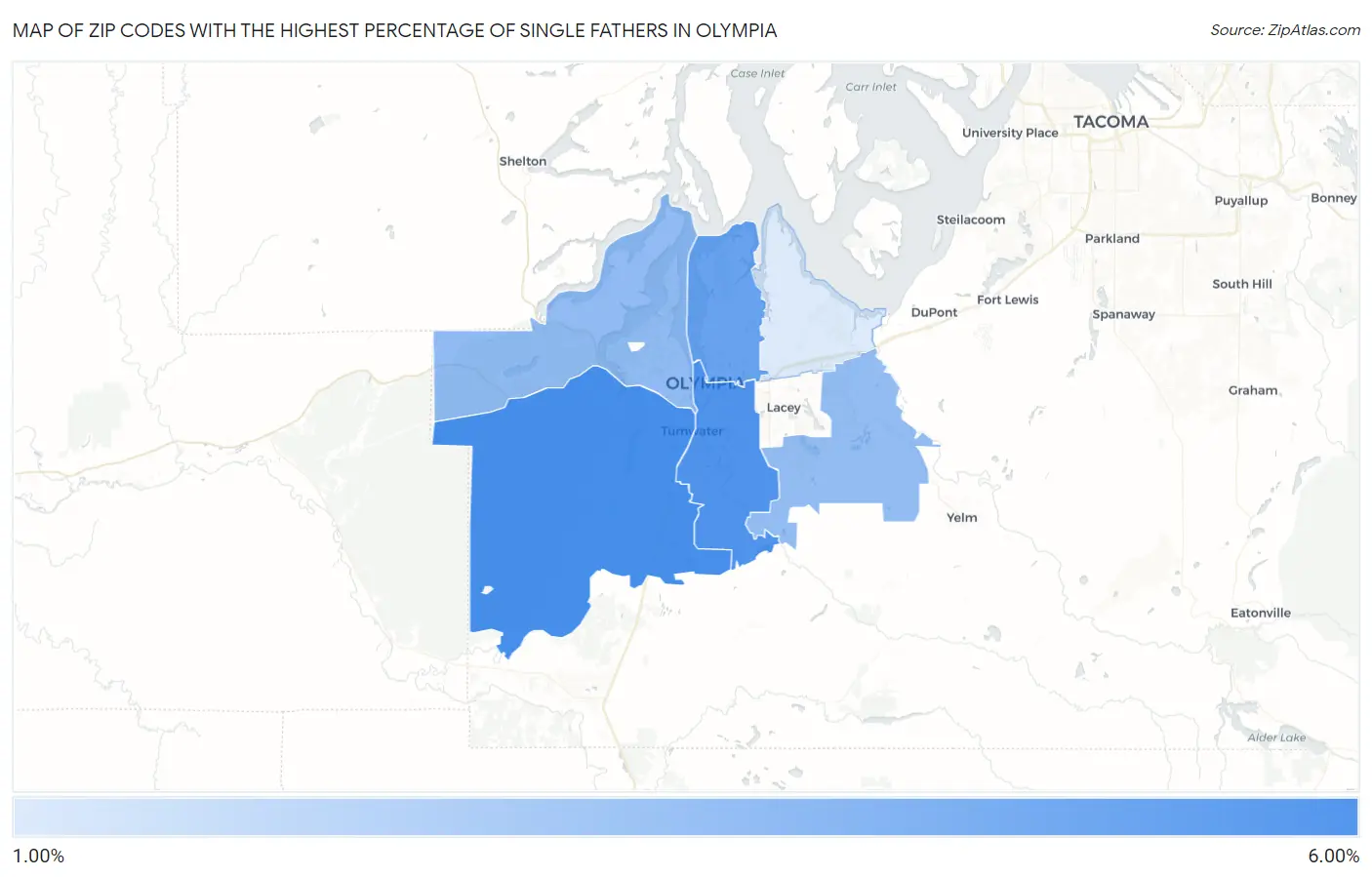 Zip Codes with the Highest Percentage of Single Fathers in Olympia Map
