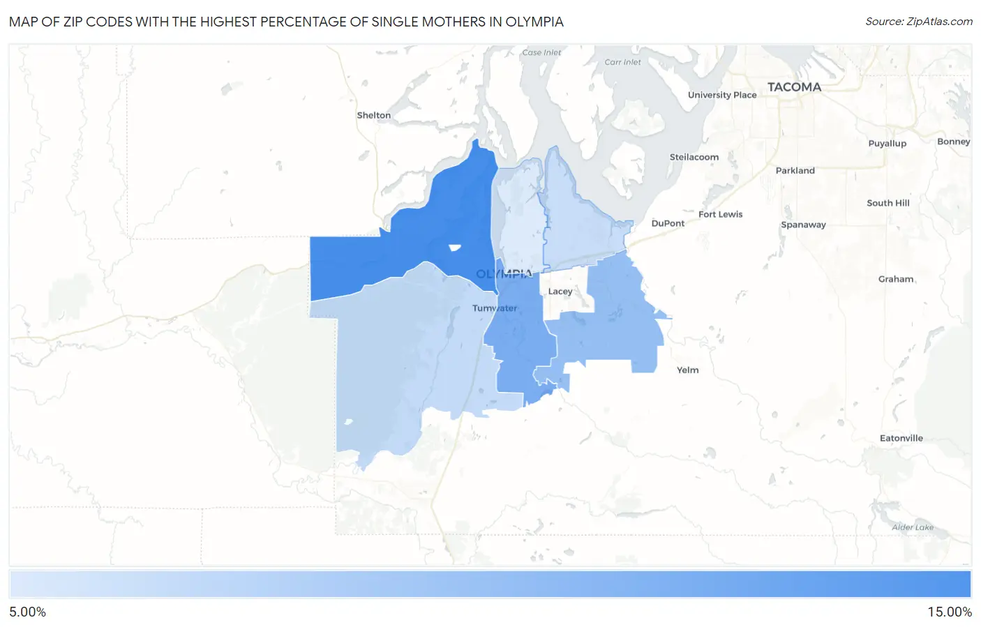 Zip Codes with the Highest Percentage of Single Mothers in Olympia Map