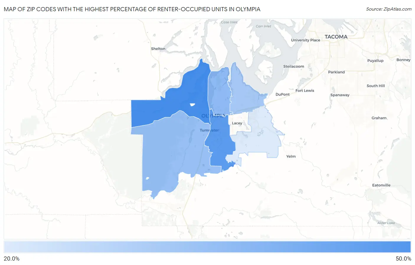 Zip Codes with the Highest Percentage of Renter-Occupied Units in Olympia Map