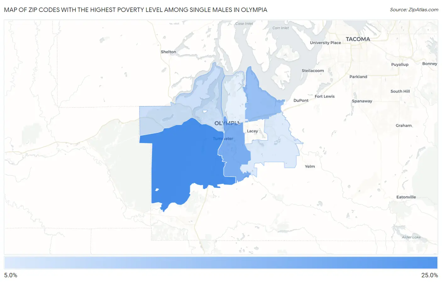 Zip Codes with the Highest Poverty Level Among Single Males in Olympia Map