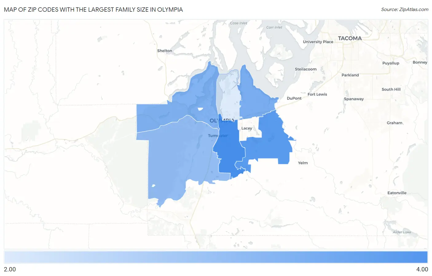 Zip Codes with the Largest Family Size in Olympia Map