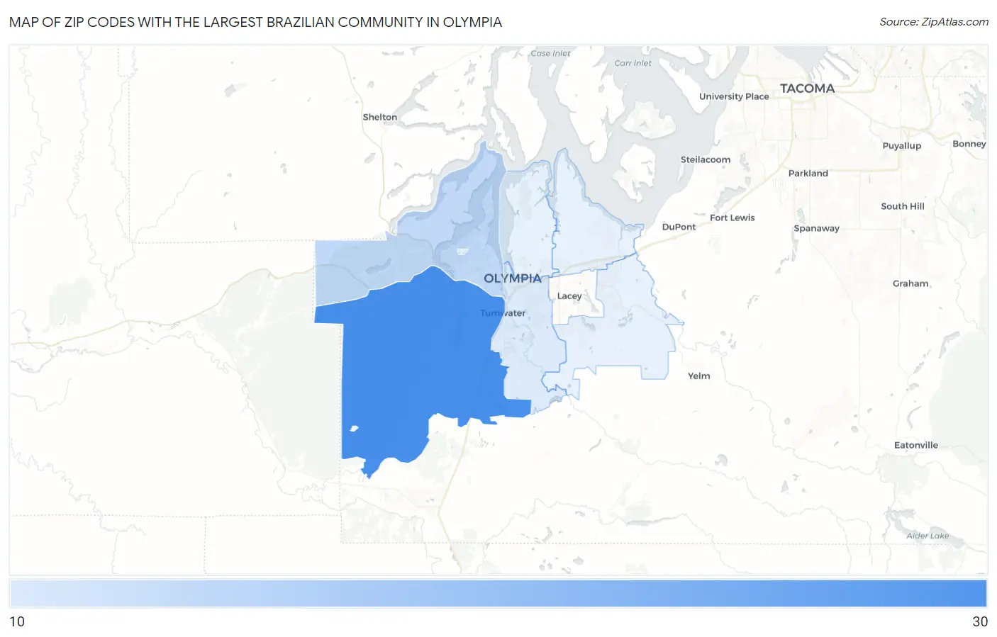 Zip Codes with the Largest Brazilian Community in Olympia Map