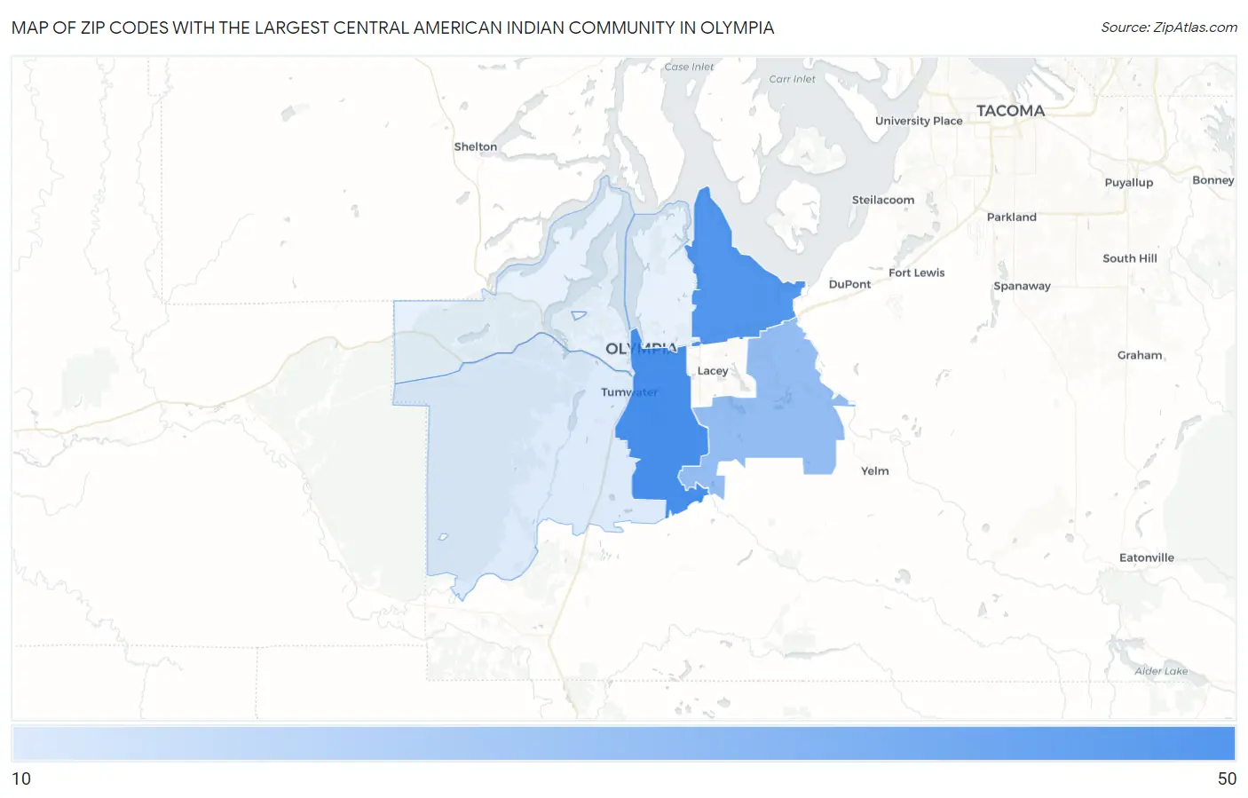 Zip Codes with the Largest Central American Indian Community in Olympia Map