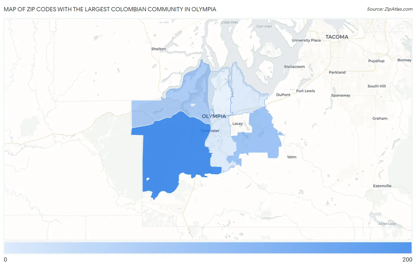 Zip Codes with the Largest Colombian Community in Olympia Map