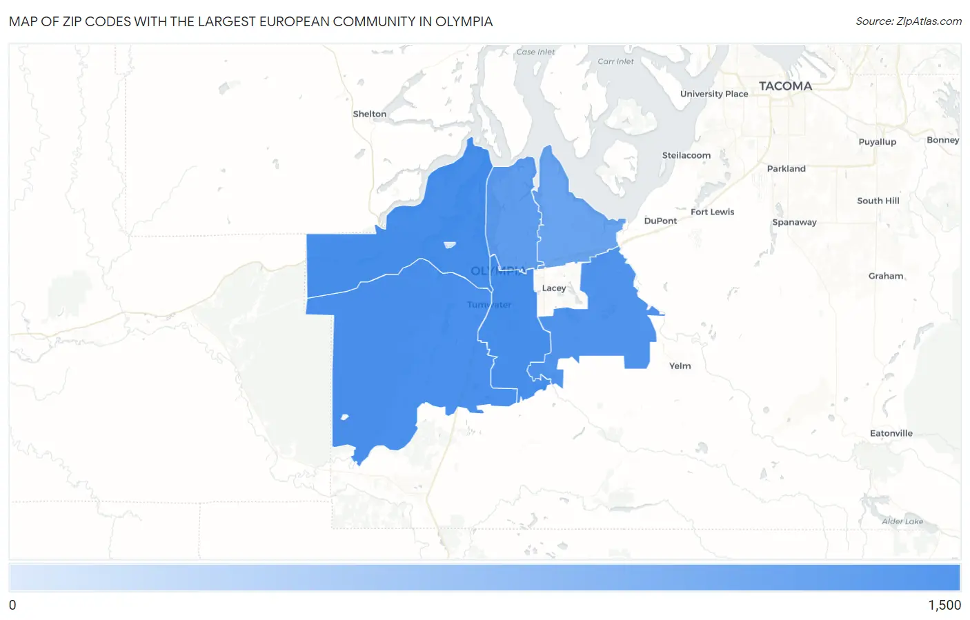 Zip Codes with the Largest European Community in Olympia Map