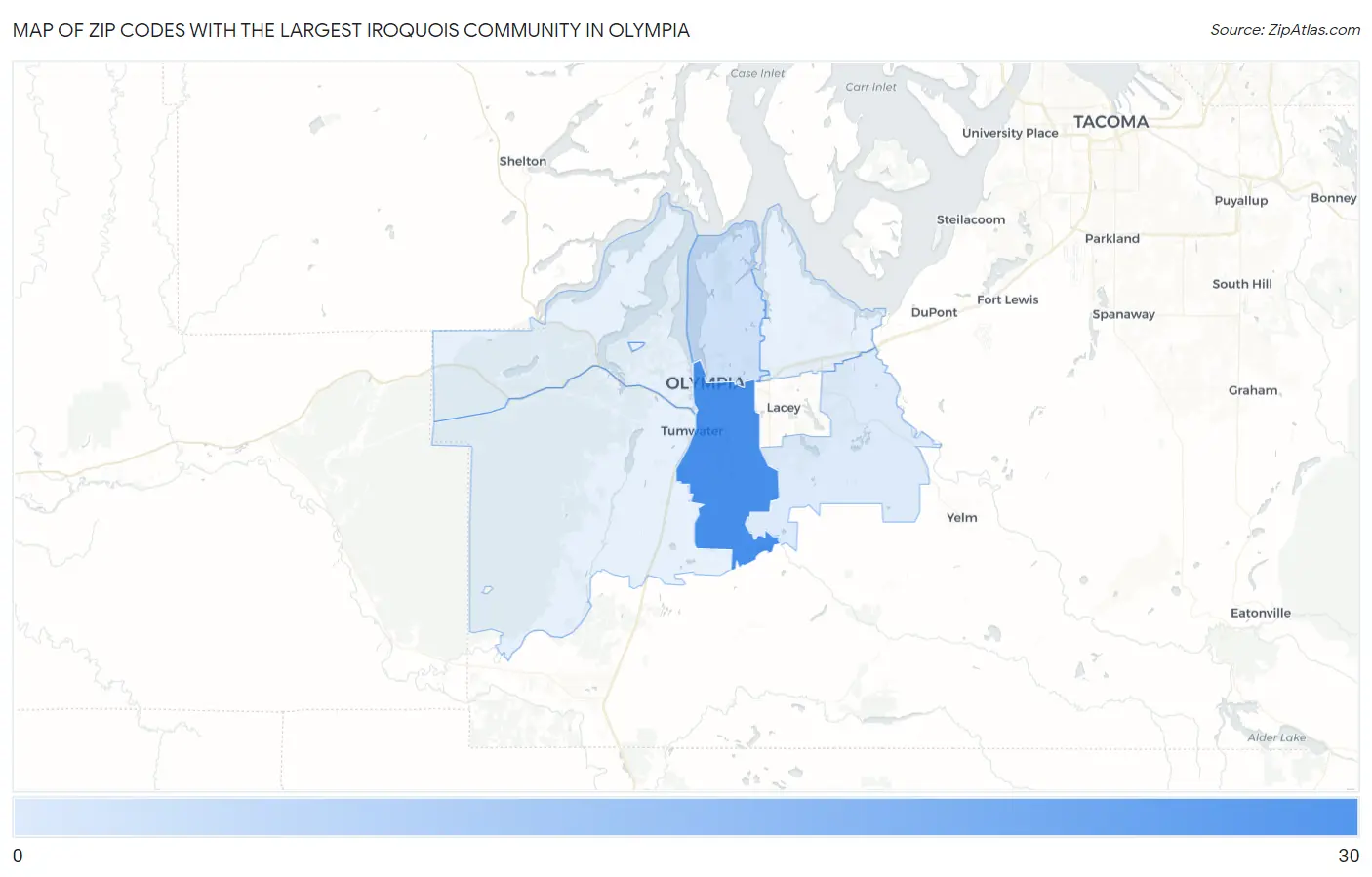 Zip Codes with the Largest Iroquois Community in Olympia Map