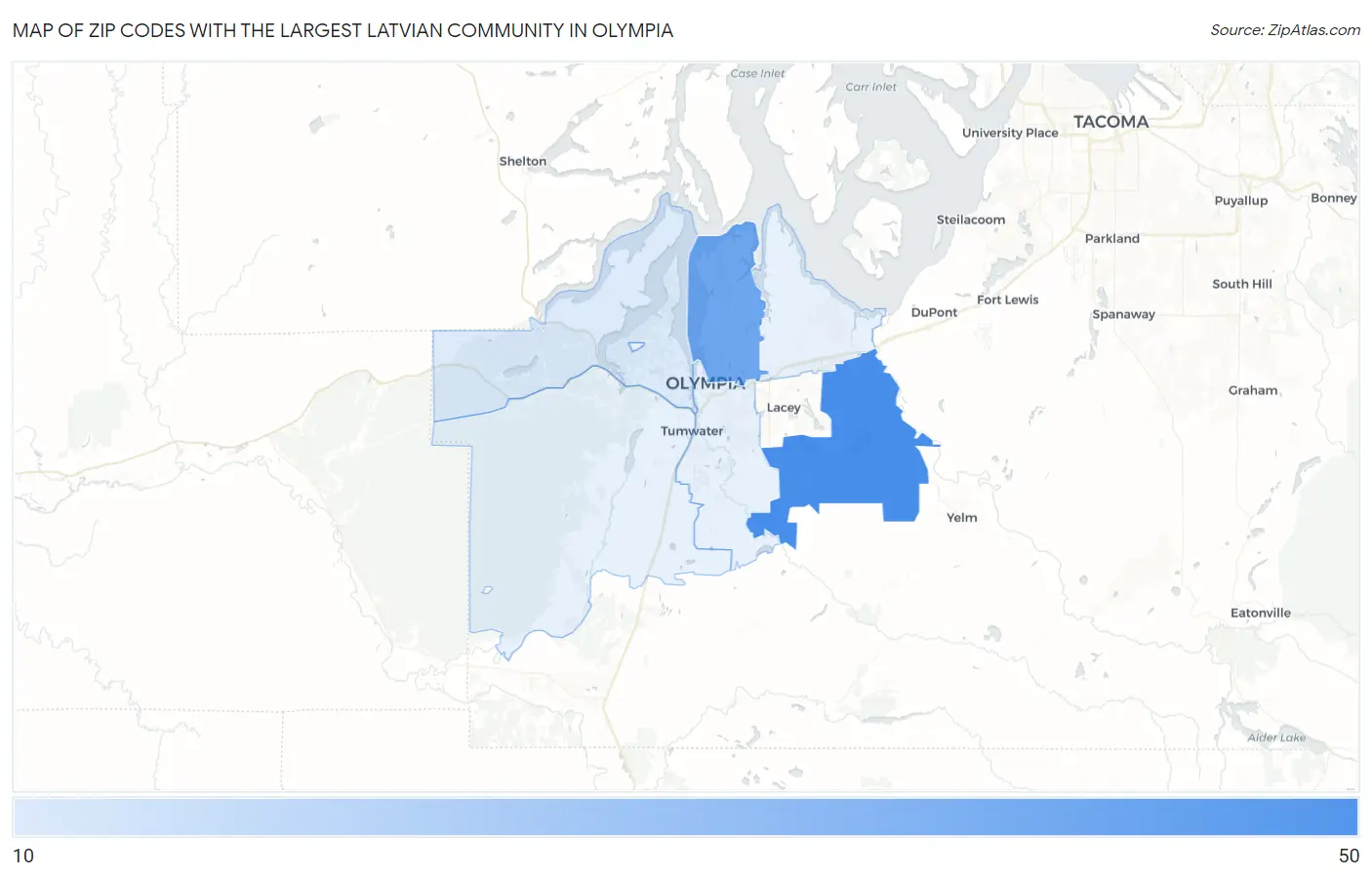 Zip Codes with the Largest Latvian Community in Olympia Map