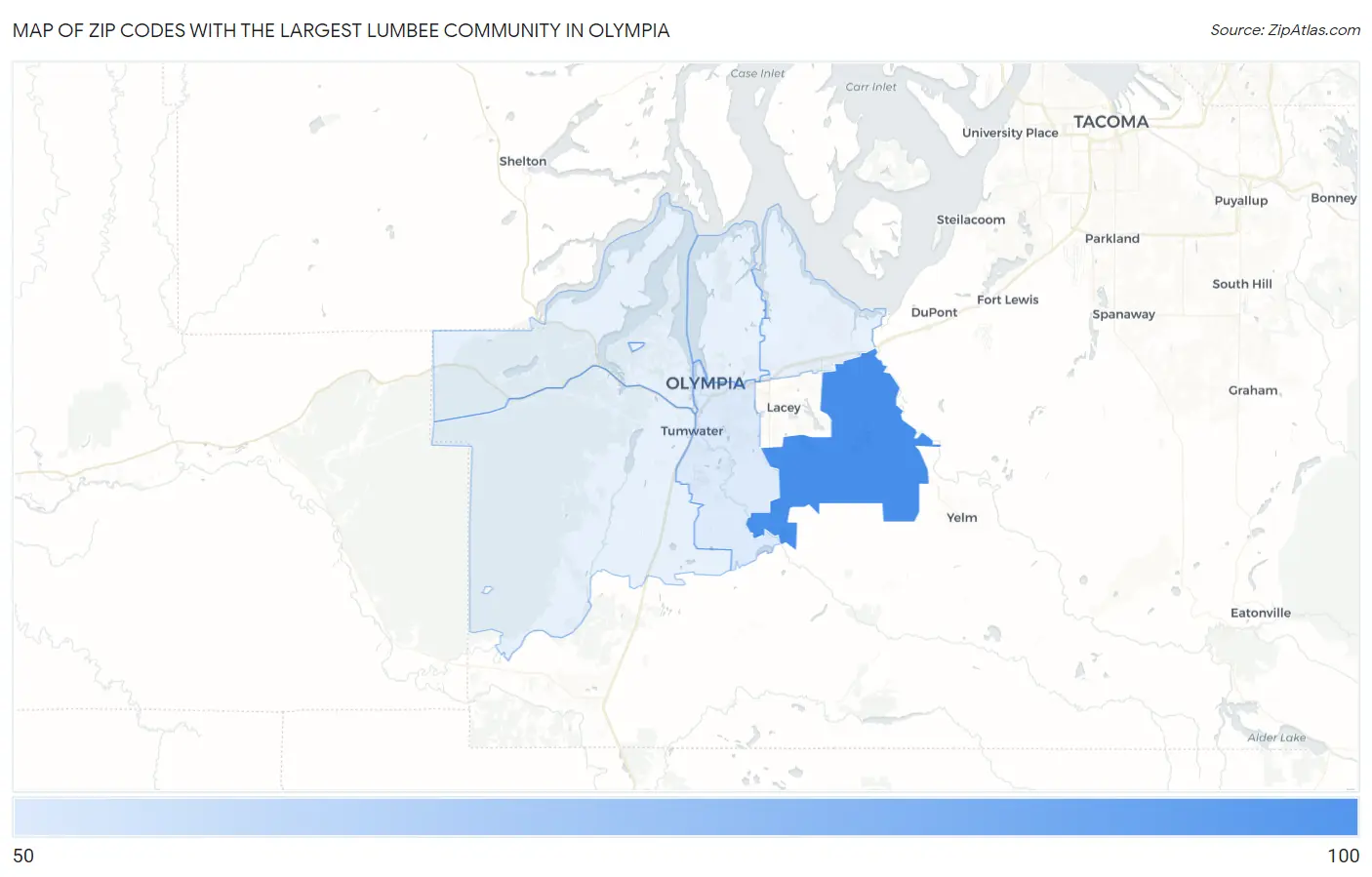 Zip Codes with the Largest Lumbee Community in Olympia Map