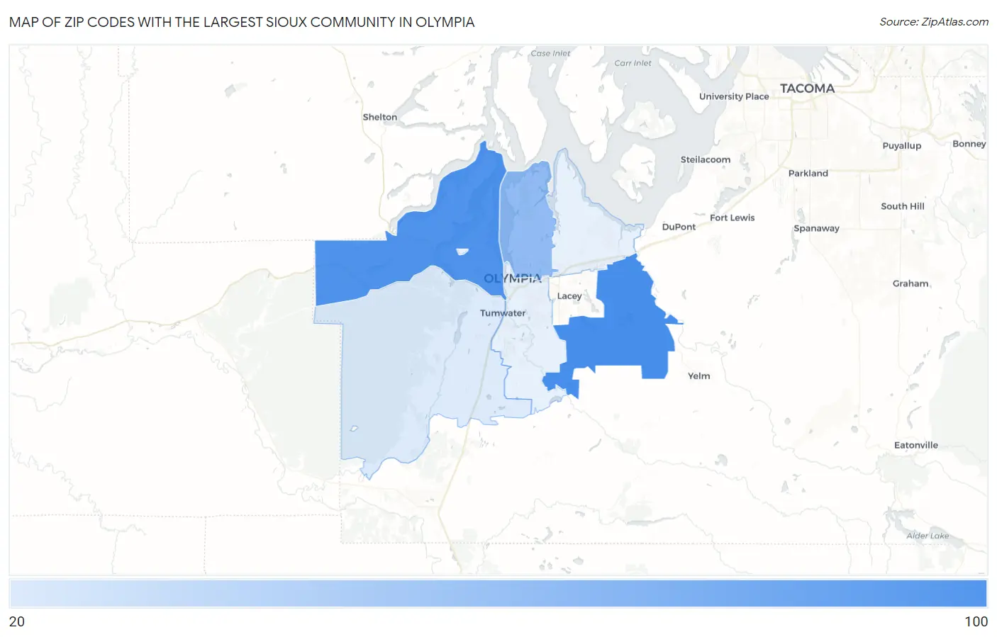 Zip Codes with the Largest Sioux Community in Olympia Map