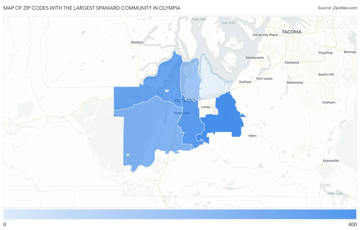 Zip Codes with the Largest Spaniard Community in Olympia Map