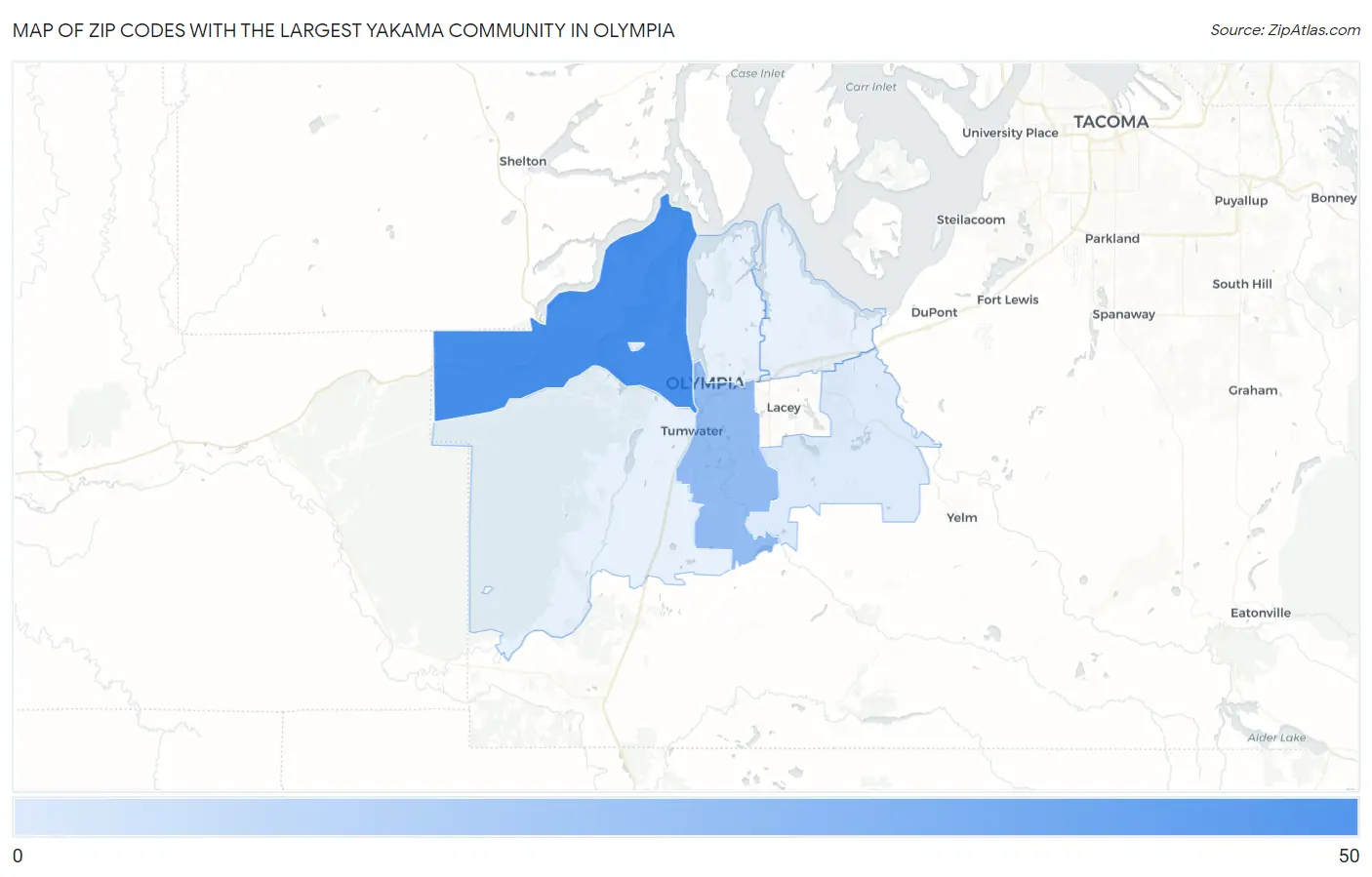 Zip Codes with the Largest Yakama Community in Olympia Map