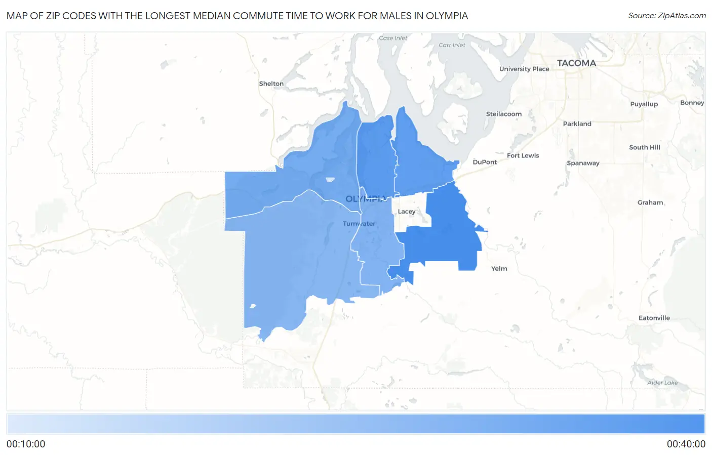 Zip Codes with the Longest Median Commute Time to Work for Males in Olympia Map