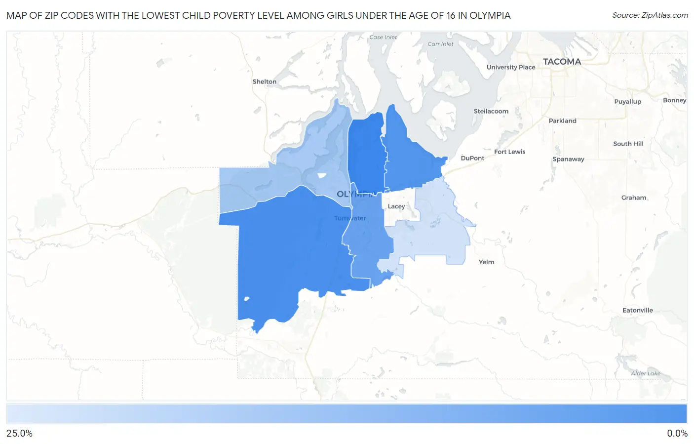 Zip Codes with the Lowest Child Poverty Level Among Girls Under the Age of 16 in Olympia Map
