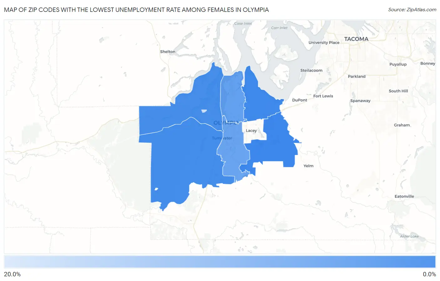 Zip Codes with the Lowest Unemployment Rate Among Females in Olympia Map